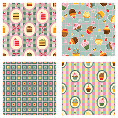 Piece of cake Checkerboard tartan retro background pastel tones seamless pattern Coquette Bow set