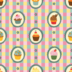 Cupcake Checkerboard tartan retro groovy background pastel tones seamless pattern