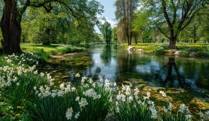 Serene park river scene with daffodils
