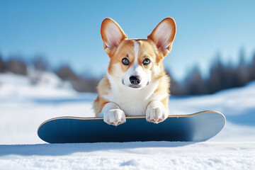 Playful corgi with short legs rests on a snowboard in a snowy landscape, showcasing its intelligent expression and fluffy fur, embodying a joyful winter adventure concept
