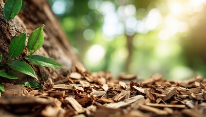 Close-up of wood chips at tree base, bokeh background