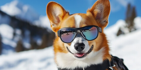 Corgi dog wearing stylish sunglasses, enjoying a sunny day in a snowy landscape, showcasing playful personality and vibrant fur, perfect for outdoor adventures and joyful moments