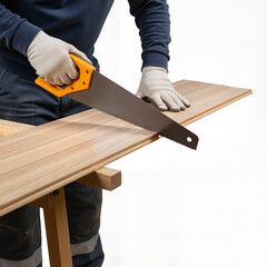 Man cutting laminate wood plank with saw while wearing gloves  