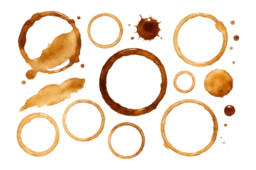 Coffee stains and rings with splatters on a solid background.