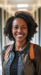 Fototapeta premium Confident young professional with radiant smile standing in hallway, wearing denim jacket and leather vest, showcasing urban professional style and positive energy