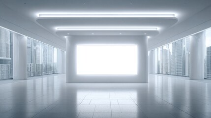 Modern minimalist office interior design showcase urban setting high-quality image bright environment wide-angle view clean aesthetic