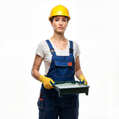 Woman holding paint tray while wearing safety gear and gloves  