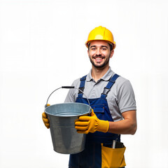 Smiling builder holding metal bucket and wearing safety gear, concept of Repair and finishing  