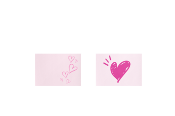 Two pink cards viewed from above: one with many small pink hearts, the other with a single pink heart