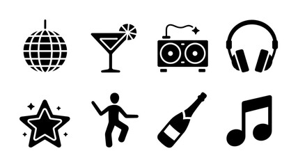 A collection of vector icons that evoke celebration: a disco ball, cocktail speakers, headphones, a star, a dancer, a bottle, and a musical note.