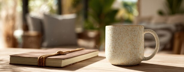 The Ceramic Mug on a Sunlit Wooden Table Outdoors for Morning Inspiration