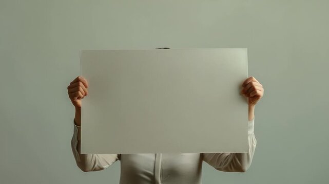 A woman holds a white sign in front of her face, obscuring her features