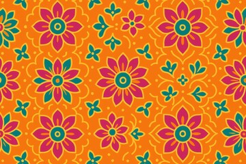 Bright floral rangoli style pattern in pink, green, and orange, perfect for festive backgrounds, textiles, and holiday designs.