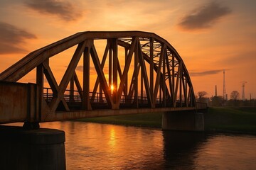 Naklejka premium Steel truss bridge silhouetted against golden sunset, reflecting on water with industrial and natural elements in harmony