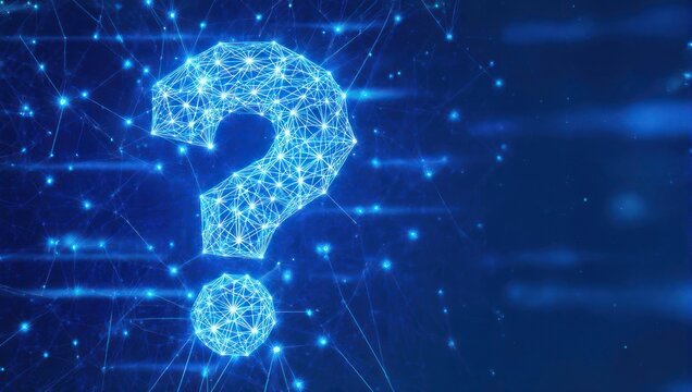 A glowing question mark, composed of interconnected lines and points, against a dark blue background with flowing lines