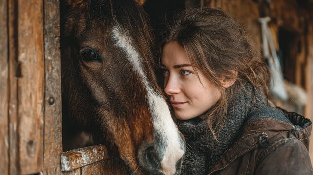 Young woman interacting with horse in rustic stable during serene afternoon