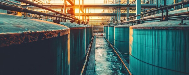Industrial plant showcasing large tanks under a sunset glow.
