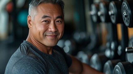 Mature fitness enthusiast smiling confidently in a gym, surrounded by weights, embodying strength, wellness, and active aging with a positive attitude