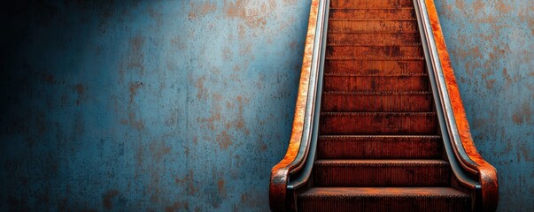 A vintage wooden escalator leading upwards in a textured wall environment.