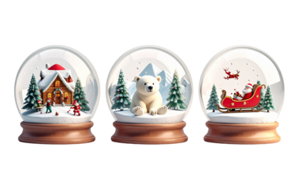 Festive Snow Globe Trio Set in Holiday Styles, isolated on transparent background
