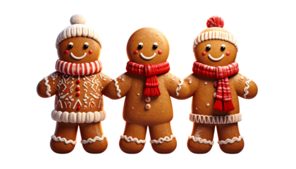 Gingerbread Man Trio with Unique Christmas Decorations, isolated on transparent background