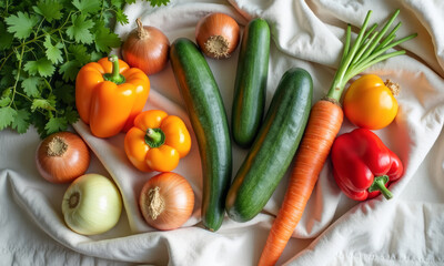 Overhead rustic still life of assorted vegetables scattered on kitchen linen