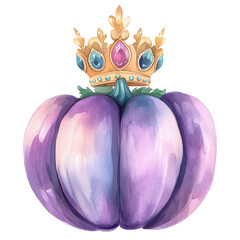 Watercolor illustration of a regal purple pumpkin wearing a golden crown.