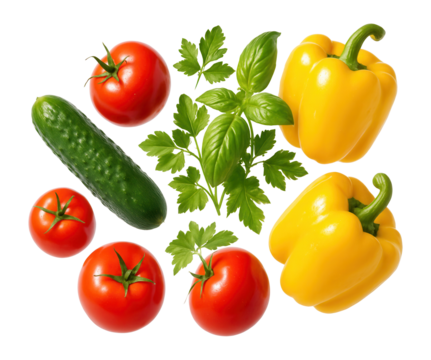 Assorted food products on a white background.