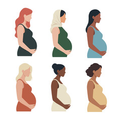 Set of pregnant women isolated on white background. Multicultural motherhood. Woman expectant baby.