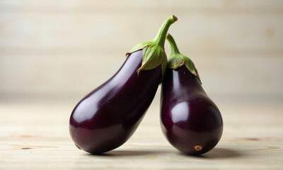 Editorial still life of two glossy purple eggplants on pale wood background