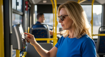 A woman in sunglasses taps a payment device on a public bus, with the driver visible in the background.