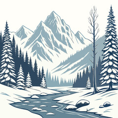 Fototapeta premium Serene winter mountain landscape with snow covered trees and a winding river