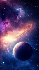 Obraz premium A celestial scene featuring a planet with rings against a backdrop of stars and colorful nebula clouds