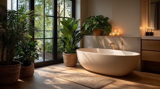Serene Bathroom Oasis: A luxurious bathroom exudes tranquility, a modern bathtub is embraced by an array of lush houseplants. Large windows offer views, adding to the calming atmosphere.