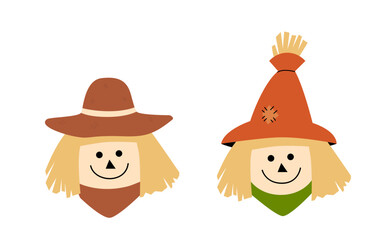 Hand drawn scarecrow head flat stock vector illustration set.
Cute autumn season scarecrow character element.
White background.