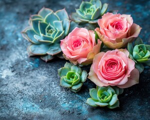 Pink roses and green succulents lie on a textured dark blue surface. Ideal for backgrounds, invitations, or design that evoke nature.
