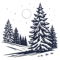Obraz premium Whimsical hand drawn illustration of a serene winter forest scene under a starry night sky with a large moon