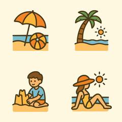 Cartoon beach holiday icons showing umbrella with ball, tropical palm, kid building sandcastle, and woman relaxing under the sun