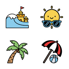 Summer holiday cartoon icons with sandcastle, shining sun wearing sunglasses, tropical coconut palm, and beach umbrella with ball