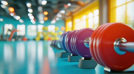 Obraz premium Colorful Dumbbells in Modern Gym Environment with Bright Lighting