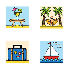 Tropical vacation icons featuring cocktail drink on table, traveler resting in hammock, suitcase with stickers, and sailing boat