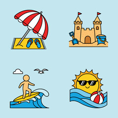Colorful summer beach icons with umbrella and flip flops, sandcastle with bucket, surfer on wave, and smiling sun
