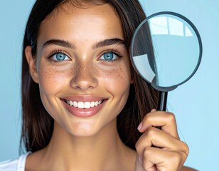woman looking through magnifying glass Woman with Magnifying Glass on a Blue Background