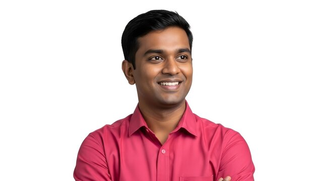 A smiling man in a pink shirt looking to the side against a plain white studio background portrait