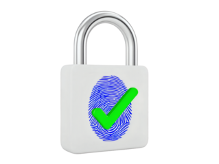 Padlock with fingerprint and check mark isolated on transparent background