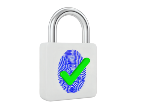 Padlock with fingerprint and check mark isolated on transparent background
