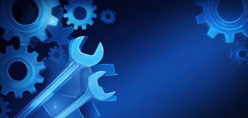 The Wrench and Gears on a Blue Digital Background Representing Technical Concept