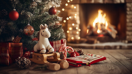 A children's gift set for the New Year 2026. A cute rocking toy, a stuffed horse, a colorful book, and striped candy canes, all nestled under the tree next to the fireplace.
