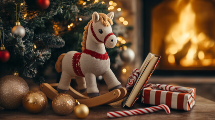 A children's gift set for the New Year 2026. A cute rocking toy, a stuffed horse, a colorful book, and striped candy canes, all nestled under the tree next to the fireplace.