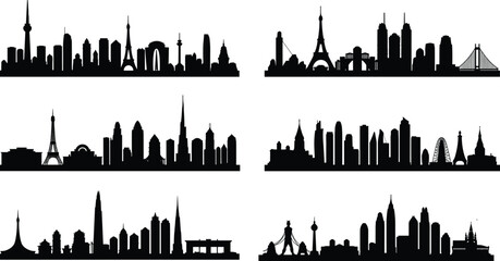 Fototapeta premium City skyline silhouettes, urban landmarks, famous buildings, global architecture, black skyline vector, travel icons, cityscape illustration, world cities, skyline art, architectural shapes, silhouett